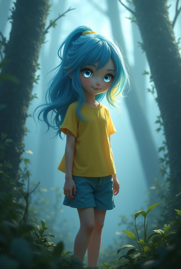 A  girl with bright white eyes,with blue hair and a lock of yellow hair,with blue shorts and a yellow shirt,and that it is in a foggy forest 