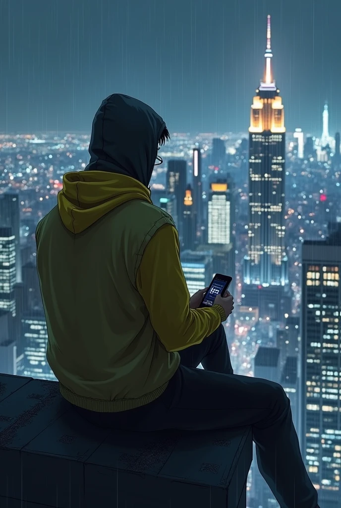 A man with a hood on his head and a yellow shirt and black pants, sitting on top of a building looking back to the camera at how big and full of light your city is, with rain and he without an umbrella, at night and using my cell phone