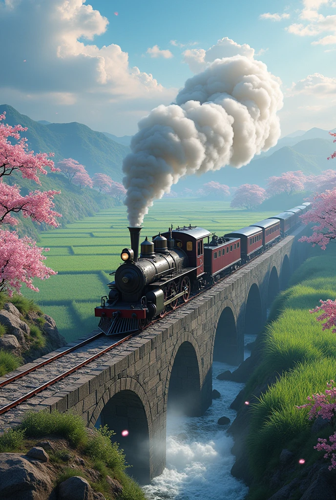 Absurd, High resolution, Super detailed, beautiful, masterpiece, Highest quality、reflection、Realな質感、Realistic、Real、Realistic、Blur、steam locomotive、Running along the tracks、Spiral track、cloud、Cherry blossom trees、SakuraFubuki、Realな蒸気、Vast rice fields、stone bridge、The river flows quickly、