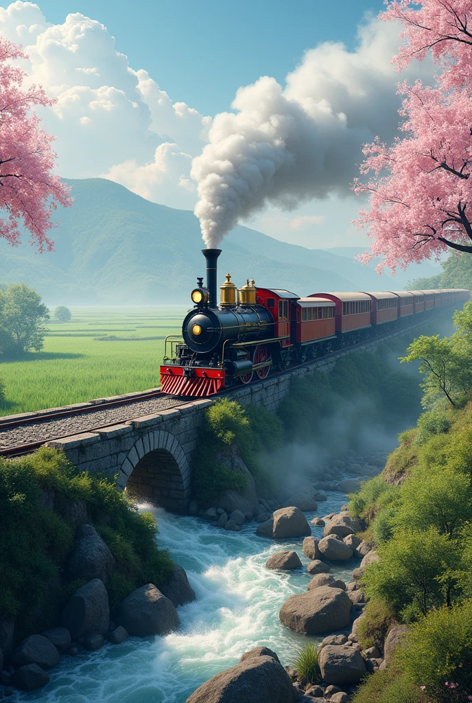 Absurd, High resolution, Super detailed, beautiful, masterpiece, Highest quality、reflection、Realな質感、Realistic、Real、Realistic、Blur、steam locomotive、Running along the tracks、Spiral track、cloud、Cherry blossom trees、SakuraFubuki、Realな蒸気、Vast rice fields、stone bridge、The river flows quickly、