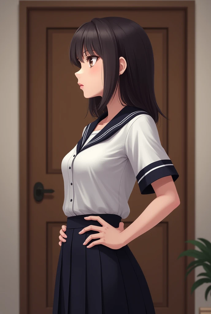 A woman posing in profile with her hands on her waist. She is wearing a school uniform, consisting of a white short-sleeved blouse with dark edges and a black school skirt. His facial expression shows confidence, with pursed lips and a slight forward tilt of the head. The background appears to be a wooden door, suggesting that the scene takes place in an interior space.