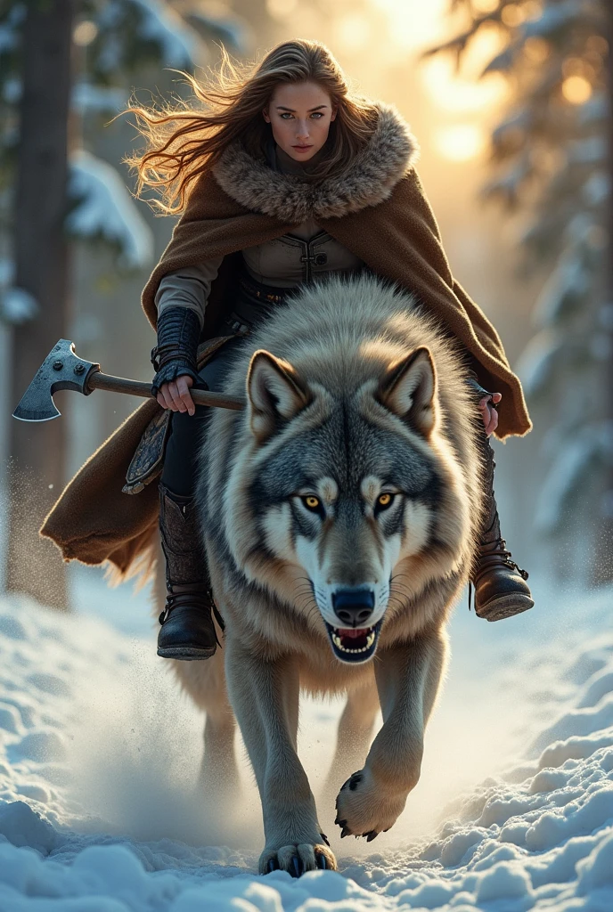 photorealistic of a female Viking warrior with long hair wearing a brown bear fur cloak riding a giand wolf, detailed face, beautiful woman, holding axe with one hand, charging forward, cowboy shot, snow storm, secluded background, snow forest background, dramatic lighting, high contrast, sunset lighting