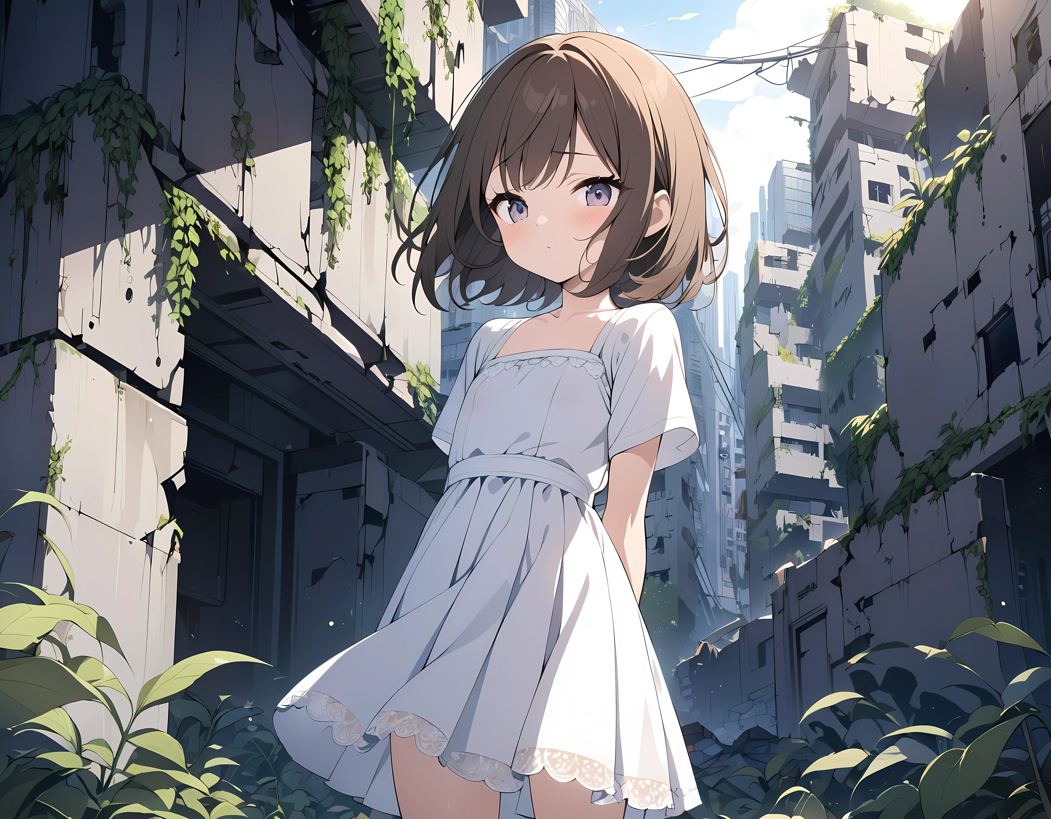 (masterpiece:1.2), best quality, highres, original, (extremely detailed:1.2), ultra-detailed, wallpaper, perfect lighting,(extremely detailed CG:1.2), 8k, anime illustration, 1boy, solo, crossdressing, (brown hair, Bob hairstyle,haircut:1.1), (white knee-length dress, summer dress, pleated dress, short sleeves, lace hemline, delicate dress, flat chest, breastless:1.2), walking in urban ruins, (urban ruins filled with natural vibes:1.2), (anatomically correct:1.5), full body, (cityscape background:0.8), overgrown plants, crumbling buildings, sunlight filtering through trees, peaceful expression, sunny