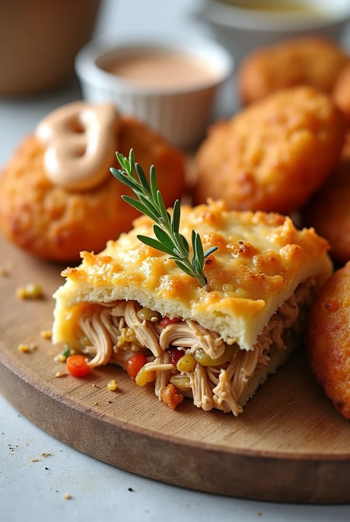 A spread of a slice of savory chicken pie with vegetables and a fried coxinha.
For a yellow team