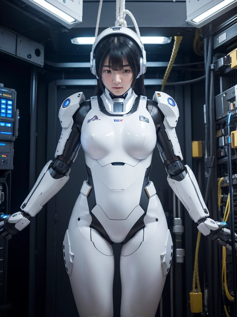 Japanese female android,Black Hair,The body is suspended from the ceiling by a rope and floating.,Plump,Slightly thicker,White robot suit,There is a control panel on the chest.,Robotic arms and legs,A room filled with machines,
