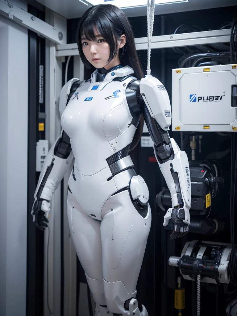 Japanese female android,Black Hair,The body is suspended from the ceiling by a rope and floating.,Plump,Slightly thicker,White robot suit,There is a control panel on the chest.,Robotic arms and legs,A room filled with machines,