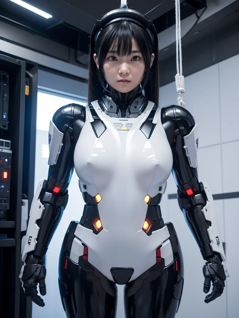 Japanese female android,Black Hair,The body is suspended from the ceiling by a rope and floating.,Plump,Slightly thicker,White robot suit,There is a control panel on the chest.,Robotic arms and legs,A room filled with machines,