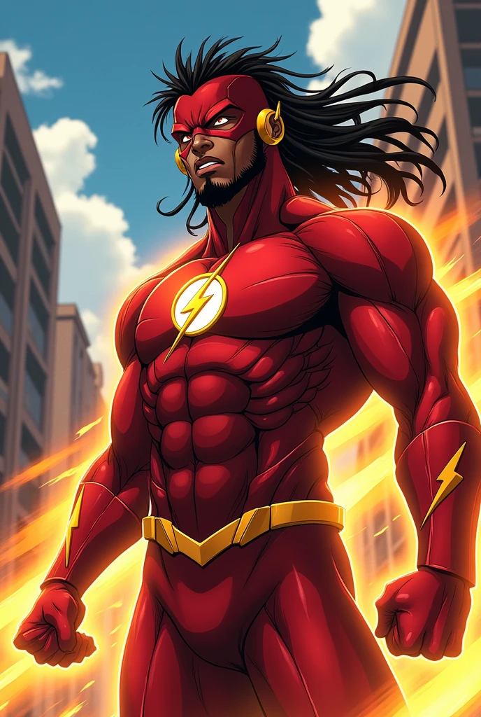 a black man with long dreads, fully body, brown eye color. anime styling. very dark skin color. wide nose, large lips, wearing the Flash superhero costume
