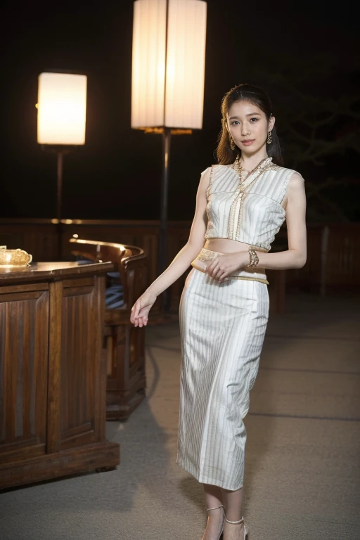 Retro Photography,DSLR camera photography,((The style of Japanese films in the 1990s)), (Extreme details ,Original Photography, best quality), (Exquisite light and shadow, Very dramatic picture, Movie lens effects),((Reality:1.3)),Photography Art, Stunning beauty,時裝model渲染,A woman, model,Full body portrait,Detailed face,Long legs,Laos national costumes,((Elegant ethnic wear、Hollow、stripe、pattern、Accessories:1.2)),Short skirt,Standing on the yacht deck,The endless sea in the background