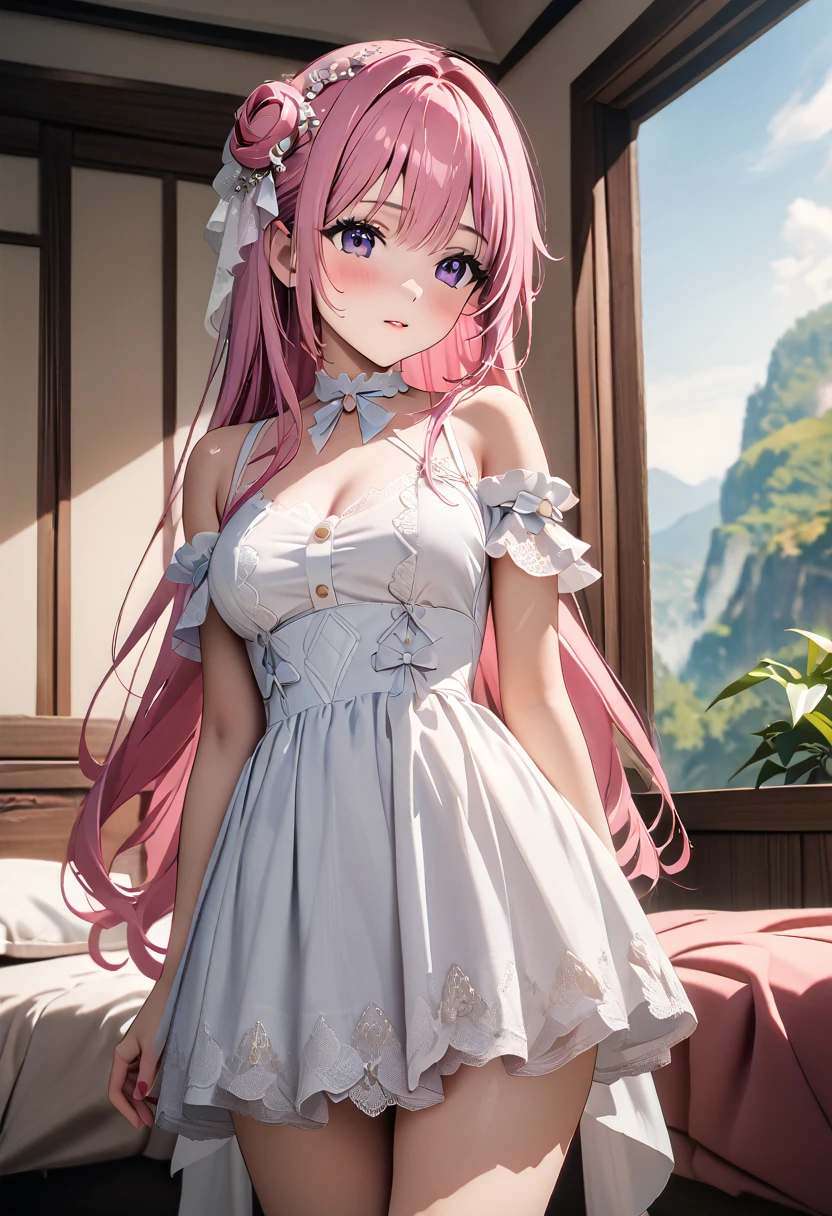 (Highest quality, 4K, 8k, High resolution, masterpiece:1.2), Very detailed, Picturesque, Anime style photo, Photo Anime:1.37)、a beautiful girl、(pink hair)、(long  hair)、white lily Hair Ornaments、white wings、standing、On the bed room、White lace underwear、body forward、Doroty