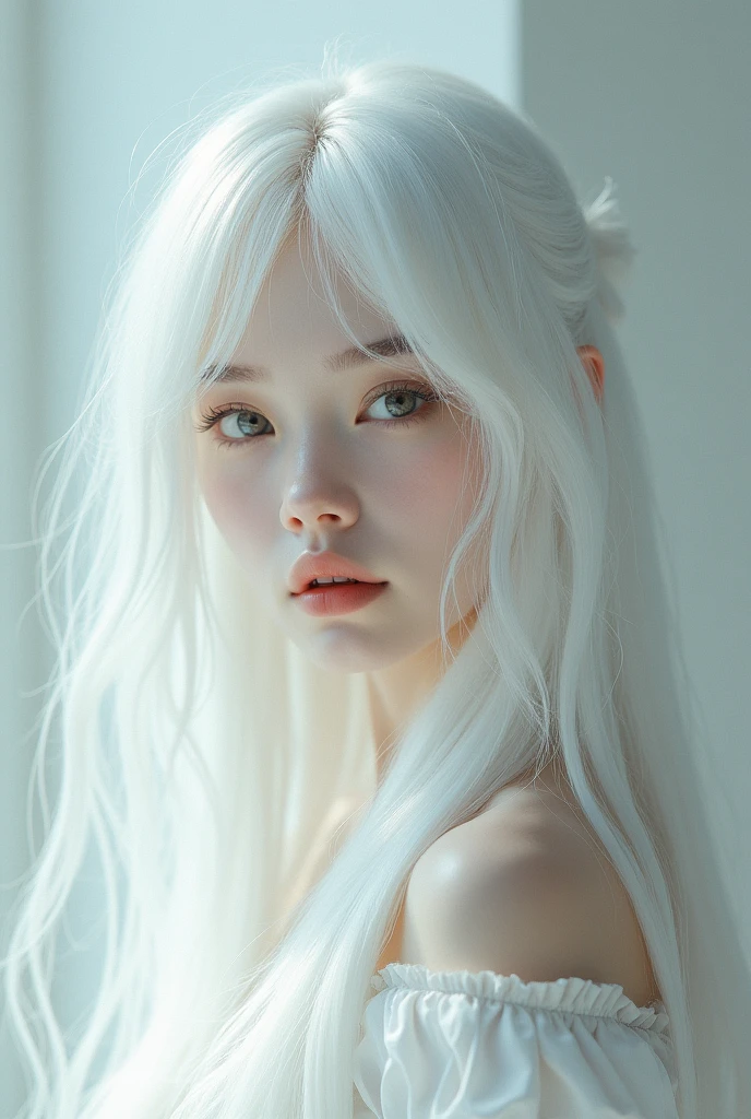 blond haired girl with long white hair and a white coat, long white hair and bangs, with white long hair, with long white hair, white hime cut hairstyle, her hair is white, white bangs, ulzzang, girl with white hair, perfect white haired girl, extremely pale blond hair, hair whitebangs hair, very very pale blond hair, roseanne park of blackpink