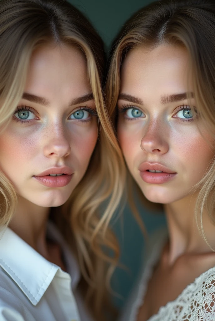 Young 2 caucasian woman, blue eyes and almond shaped eyes, little nose, curved round eyesbrows shape
