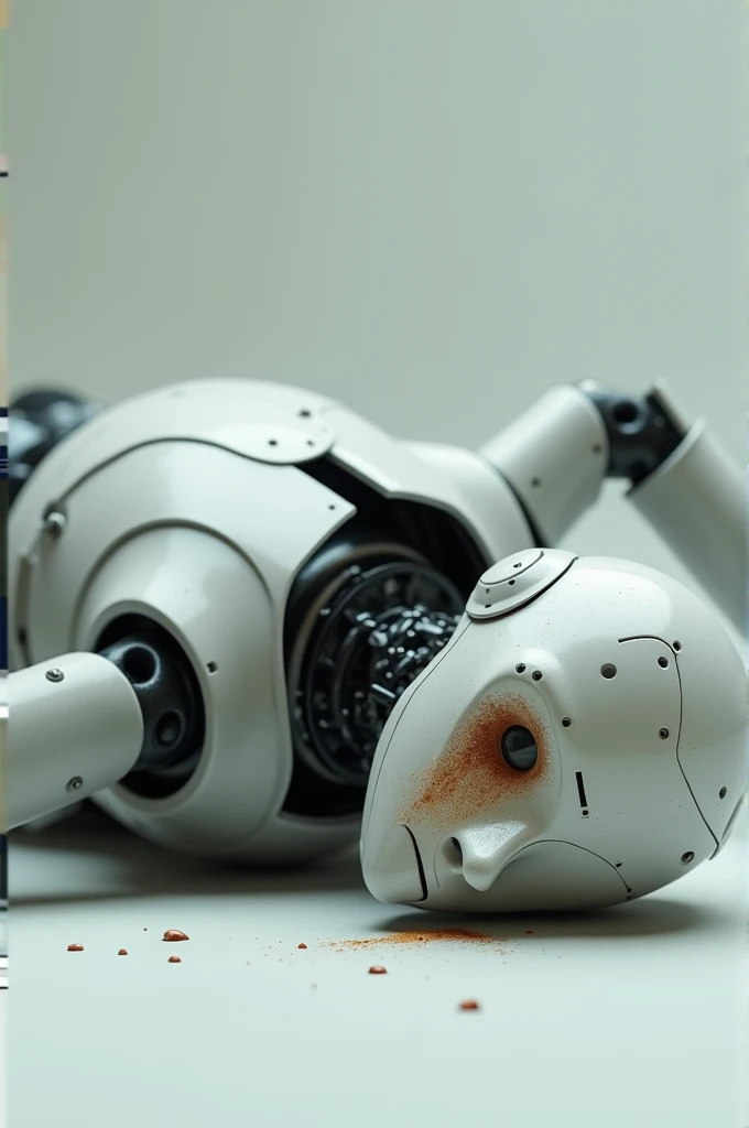 Humanoid robot on the floor with oil stain on its face