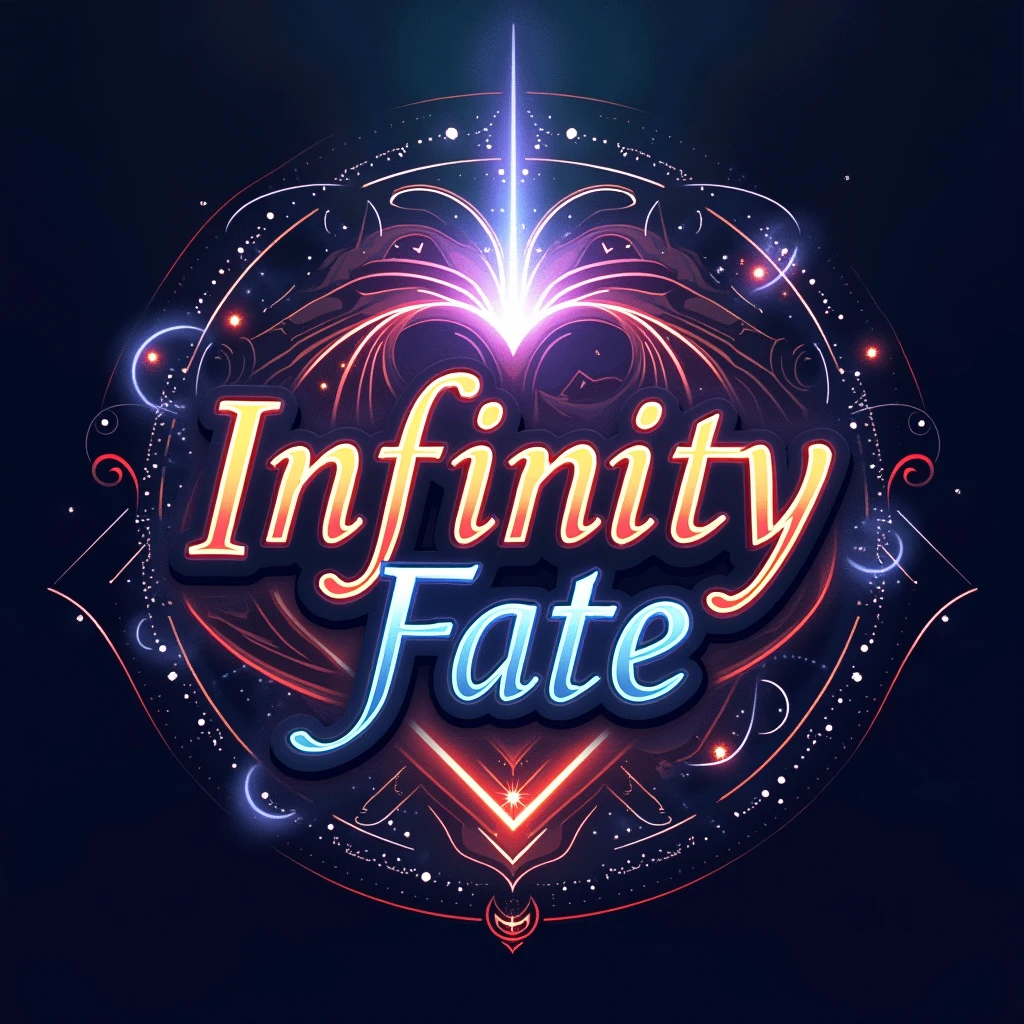Create an image with dimensions of 1080x1080 pixels. En el centro de la imagen, put the phrase 'INFINITY FATE' in a stylish and modern font. The word 'INFINITY' should be in a larger size and in a vibrant color that makes the word stand out., while 'FATE' should be a little smaller, but still visible and harmonious with the design. The background can be a combination of cosmic gradients or subtle patterns that complement the text without distracting from it.. Add decorative elements related to the theme of infinity and destiny, as astral symbols or energy lines, to create an impactful and attractive visual effect.