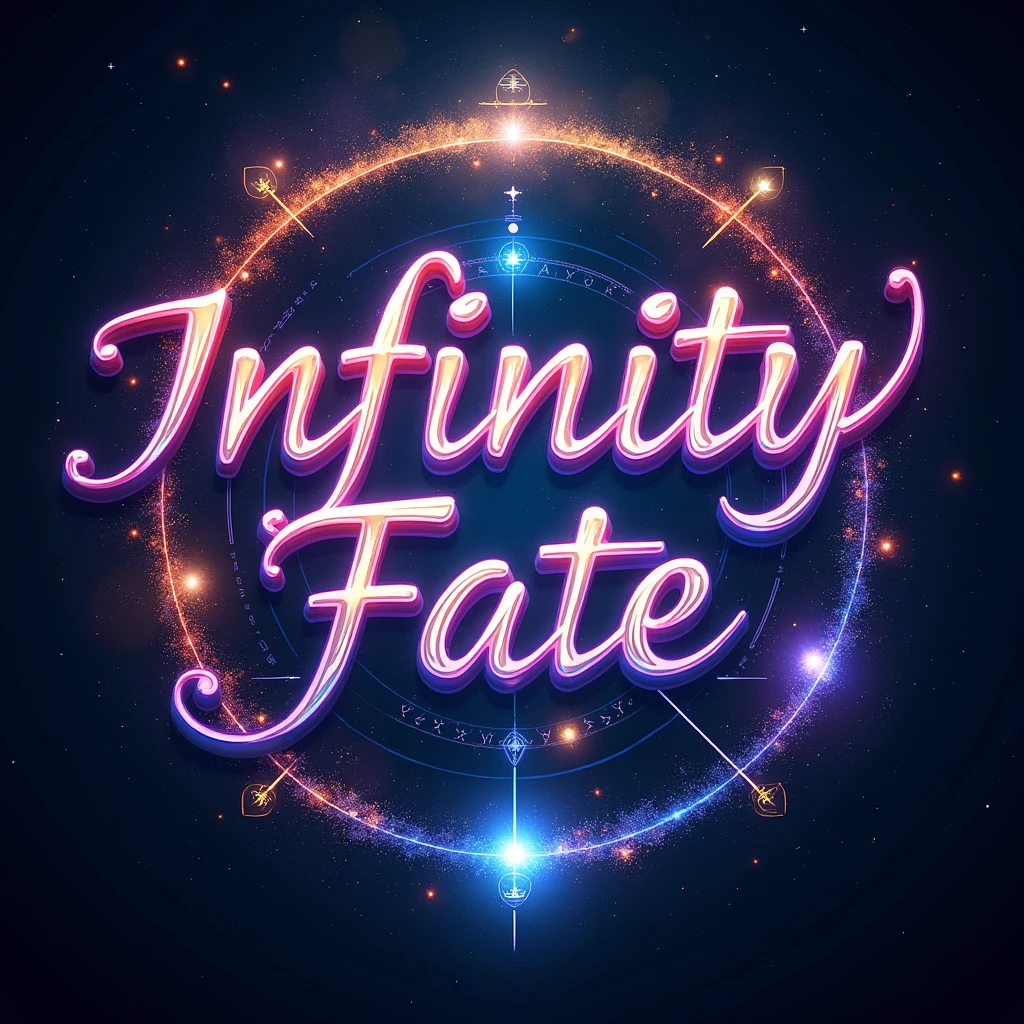 Create an image with dimensions of 1080x1080 pixels. En el centro de la imagen, put the phrase 'INFINITY FATE' in a stylish and modern font. The word 'INFINITY' should be in a larger size and in a vibrant color that makes the word stand out., while 'FATE' should be a little smaller, but still visible and harmonious with the design. The background can be a combination of cosmic gradients or subtle patterns that complement the text without distracting from it.. Add decorative elements related to the theme of infinity and destiny, as astral symbols or energy lines, to create an impactful and attractive visual effect.
