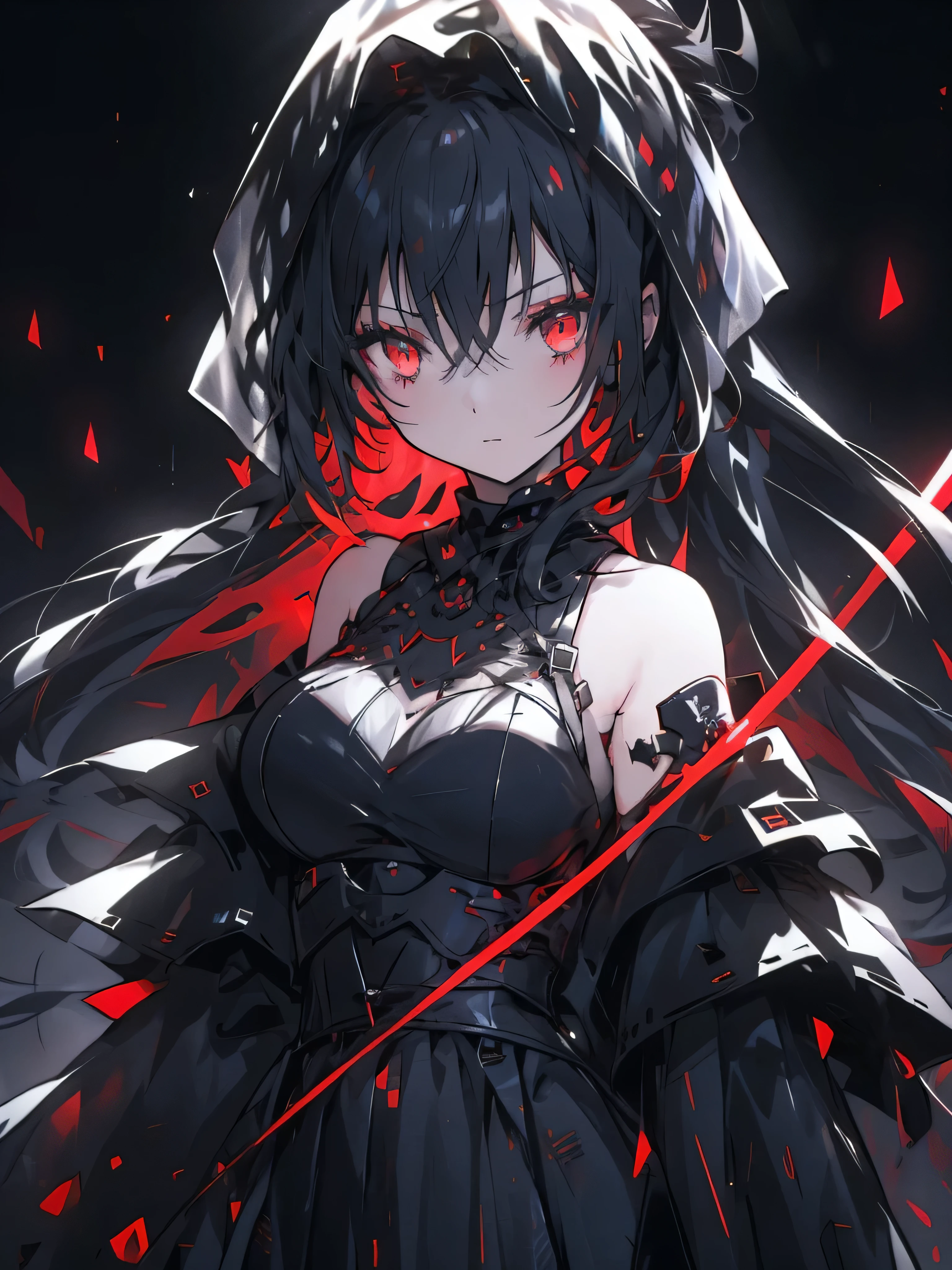 1girl, solo, black hair, red eyes, glowing eyes, ponytail, front view, medium breast, expressionless, Veil, Hair, Black Dress, Off-Shoulder Dress, Long Sleeges, Long Dress, frontslit, (Gothic), slim, dark ambience, night, dark room, looking at viewer, front view