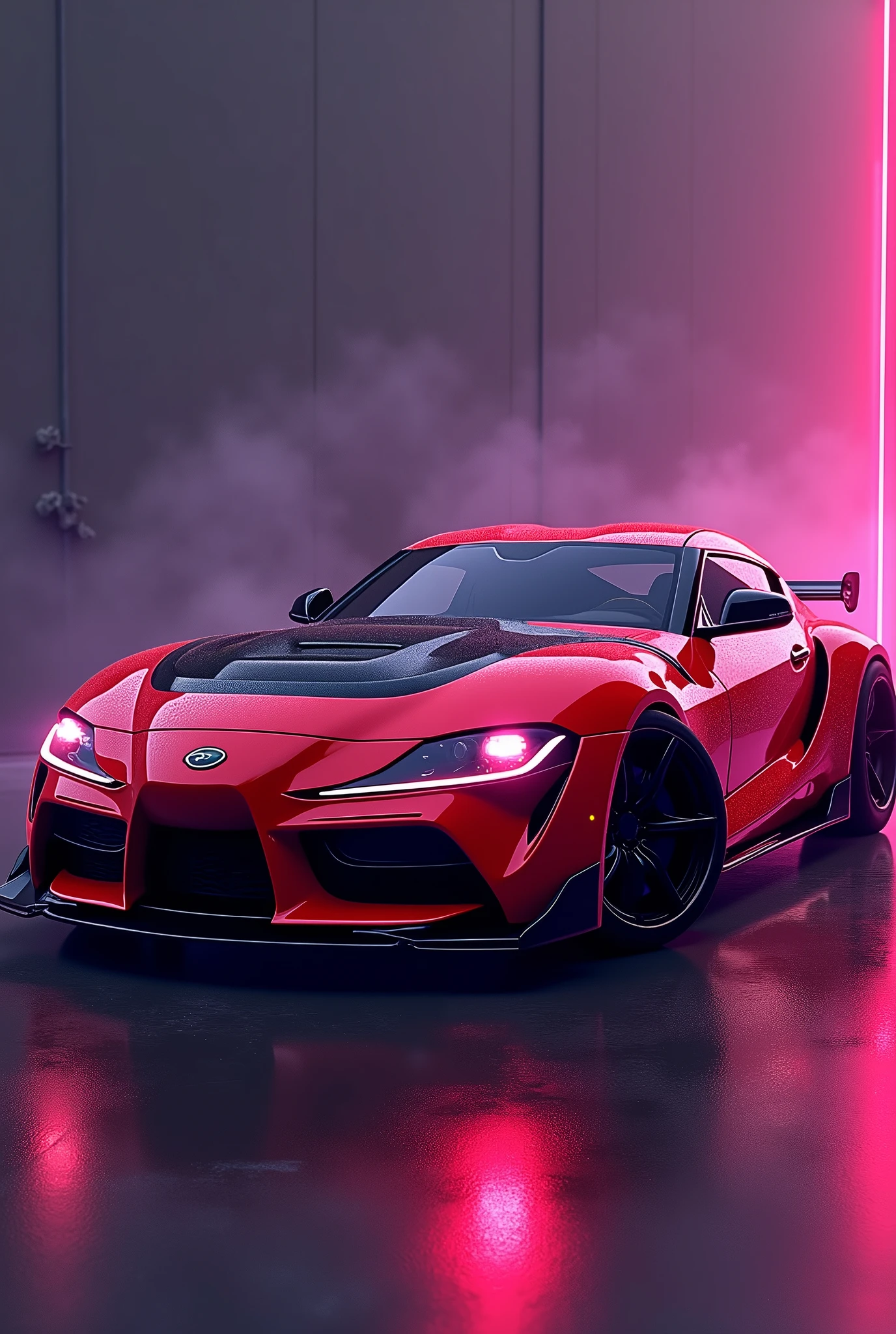 red car with black rim and black hood, Realistic cars, but 8 6, Highly detailed, 2 thousand., 2 thousand., highly visualized!!, WRX Golf, Full car, Red sports car from the 80s, Wide body, front side full, "hyperrealistic", "hyperrealistic", modified, very detailed hyperrealistic retro, 1 0 8 0 p, Glowing RunesAI_violet