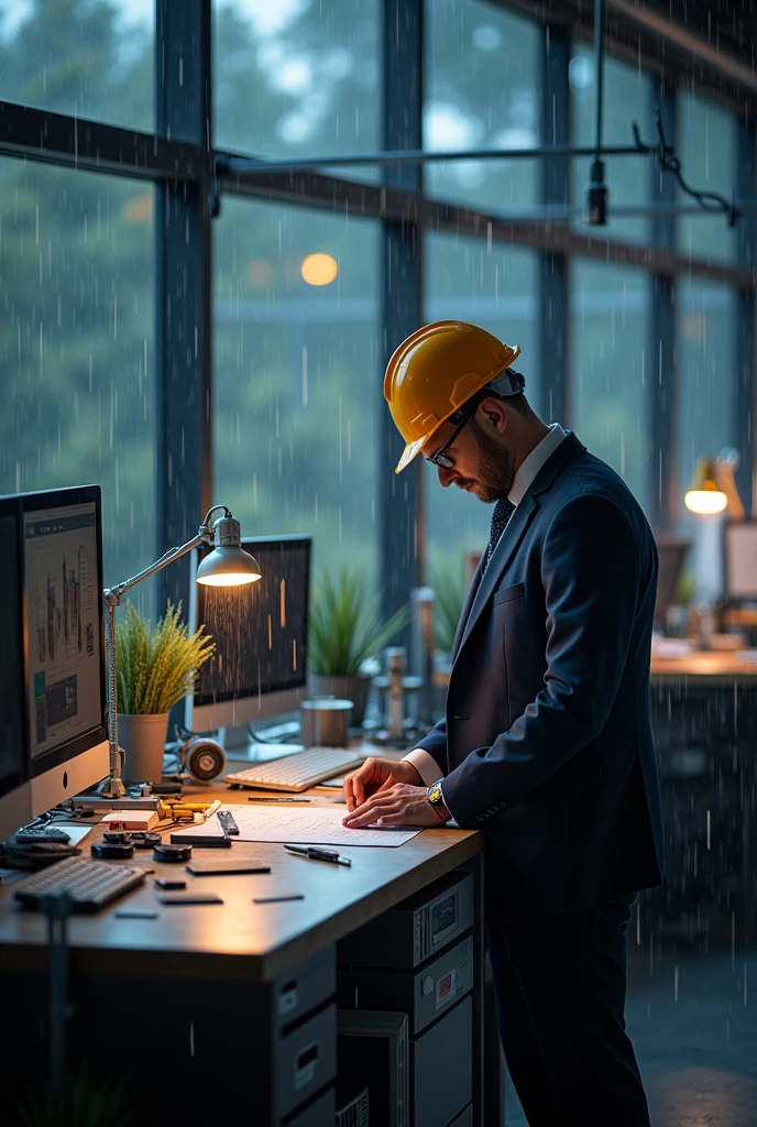 * context: A high-tech civil engineering office filled with computers and several people in hard hats.
* supper: A man in a suit and helmet stands at a workbench, with tools scattered around. They are focused on solving a mathematical problem while in the background you can see large dark glass windows and a lot of rain outside.
* Dialogue/heading: "Another day, another innovation..."