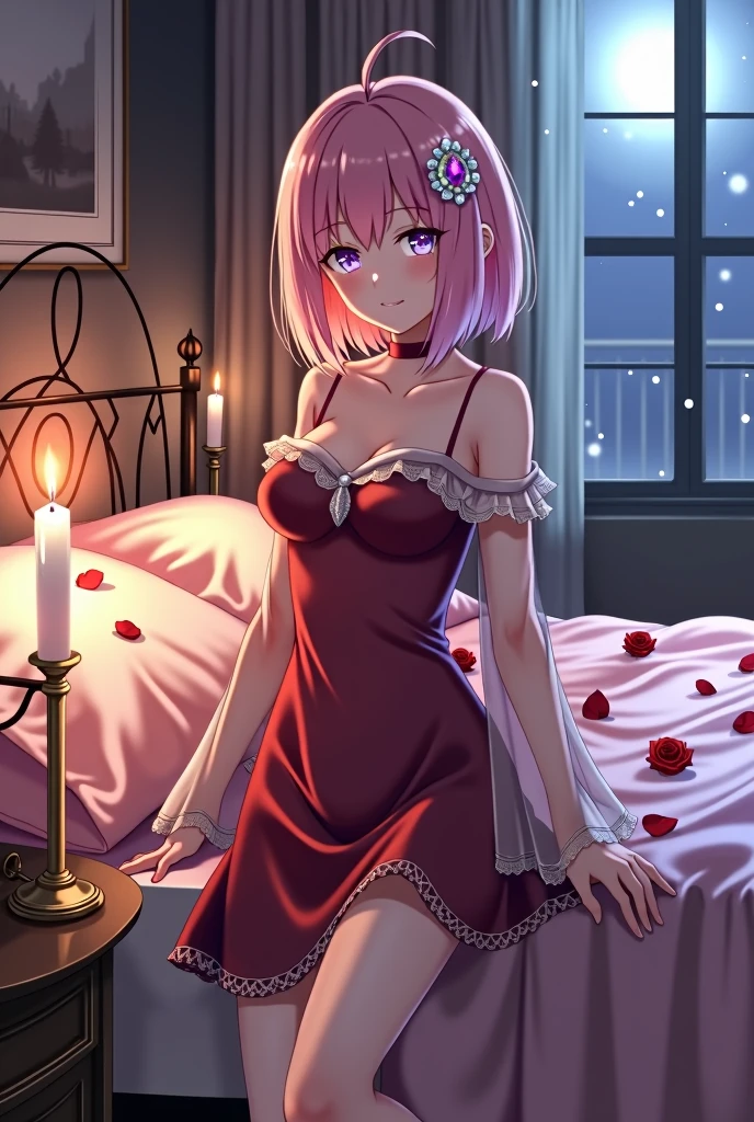 1girl, mature lady, short girl, (sakura haruno), fit body, seducing expression, green eyes, red satin transparent nightdress, white thong, thin material, bobcut hair, open door, pink hair, doorway, rubbing eye, black hair, wet pussy, sexual aroused, night time, bedroom, blushing red, embarassed, smile, necklace
