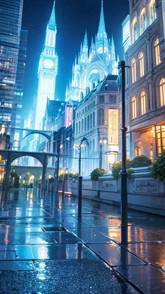 The city lights reflect in the puddles around them, creating a magical, serene ambiance