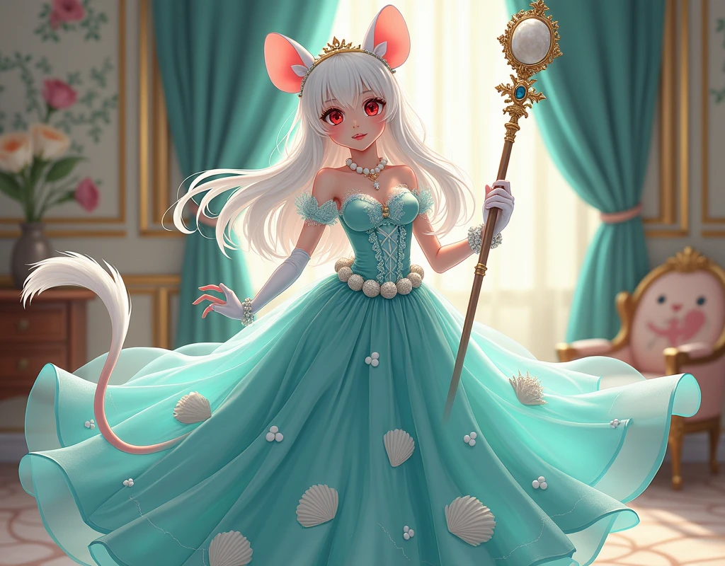 (best quality,4k,8k,highres,masterpiece:1.2), ultra-detailed, Pretty albino girl has a princess of the sea, drawn in 2D anime style, steampunk, wearing a iridescent turquoise princess gown with puffy sleeves, steampunk, gorgeous frilly dress design,flowing gown, elaborate lace details,rich textures,contrast stitching,delicate ribbon bows, seashells embroidery, full skirt with ocean wave pattern,short sleeves,fitted waistline,translucent flowing layered sleeves,lace-up back,luxurious fabrics,flawless silhouette, very long curly white hair adorned with hair accessories, red eyes, white fur, smiling, mouse ears and tail, ribboned high heels, white elbow evening gloves, pearl bracelets, tiara made of seashells, beautifully detailed lips with lipstick, long eyelashes, eyeshadow, seashell necklace, in a castle bedroom with intricate decoration and luxurious furniture, flower wallpaper, she is holding a magic staff made of seashells and pearls.