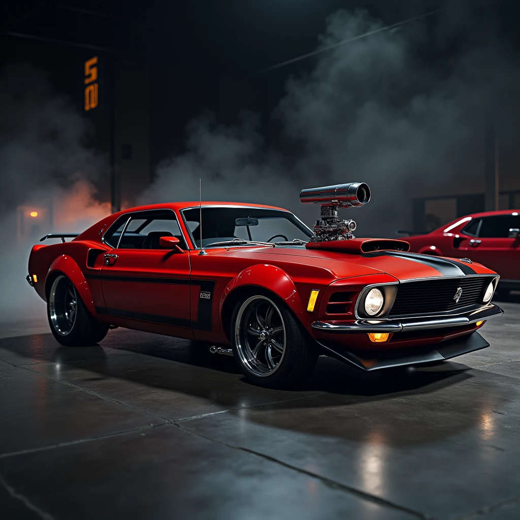 a highly detailed 8k ultra-realistic photographic image of a modern American muscle car, sleek and powerful design, glossy red exterior, chrome accents, low profile aggressive stance, wide tires, custom rims, engine details visible through the hood, dramatic studio lighting, cinematic camera angle, depth of field effect, glossy metallic paint, reflective surfaces, atmospheric environment