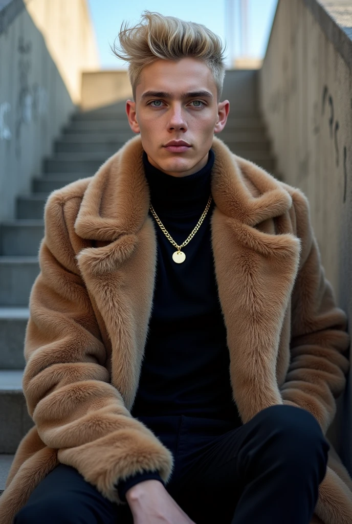 Photo of a 2 man with blonde hair, a mid-fade, and light blue eyes, sitting on a concrete staircase. He is wearing a black turtleneck and a large fur coat, accessorized with a gold necklace. The surroundings are urban and contemporary, perhaps with interesting architectural elements or graffiti in the background. The natural light softly illuminates his face and highlights the contrast between the fur coat and the black top, creating a casual yet stylish image that is ideal for Instagram