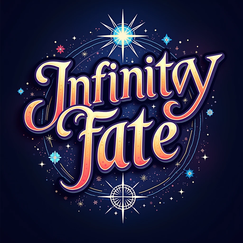 Create an image with dimensions of 1080x1080 pixels. En el centro de la imagen, put the phrase 'INFINITY FATE' in a stylish and modern font. The word 'INFINITY' should be in a larger size and in a vibrant color that makes the word stand out., while 'FATE' should be a little smaller, but still visible and harmonious with the design. The background can be a combination of cosmic gradients or subtle patterns that complement the text without distracting from it.. Add decorative elements related to the theme of infinity and destiny, as astral symbols or energy lines, to create an impactful and attractive visual effect.