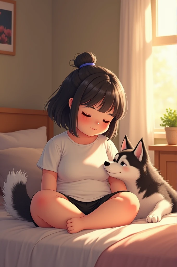 A chubby girl wear white tshirt and black half pant sitting on bed with husky dog