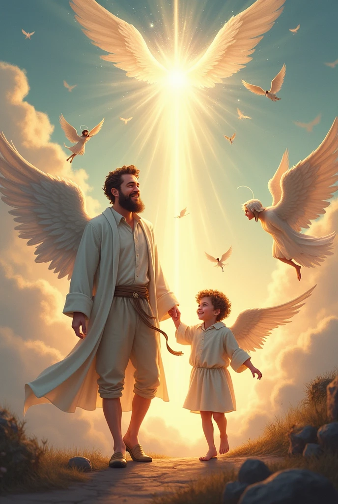 Happy child with his father on heavenly place with bunch of angels and demons