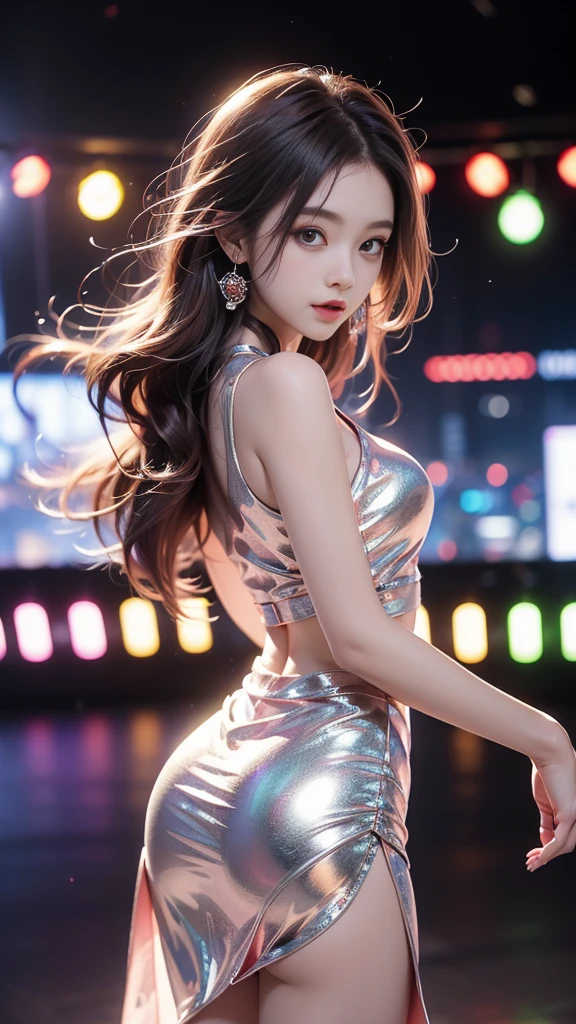 ulzzang-6500-v1.1, (RAW photo: 1.2), (Real photo), (Real photo: 1.4), 1 girl、Perfect anatomy、1、Looking at the camera、Medium length hair、dance white skirt, dancing in a lively disco, under colored lights, (( in the disco night: 1.1))、(Business service)、Asian eyes Ella,