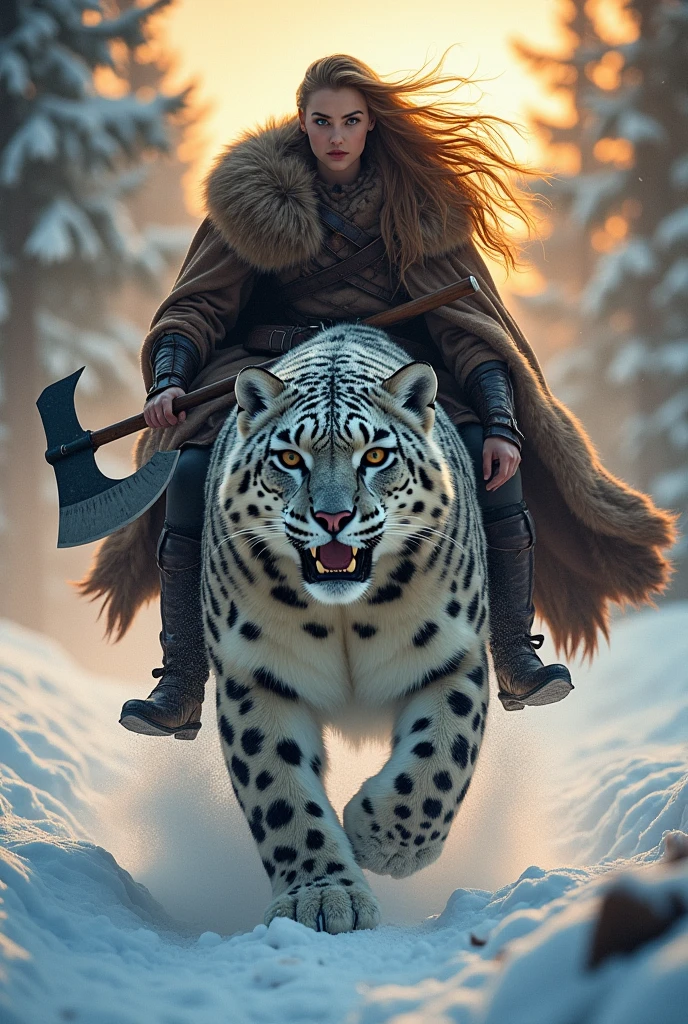 photorealistic of a female Viking warrior with long hair wearing a brown bear fur cloak riding a gian snow leopard, detailed face, beautiful woman, holding axe with one hand, charging forward, cowboy shot, snow storm, secluded background, snow forest background, dramatic lighting, high contrast, sunset lighting