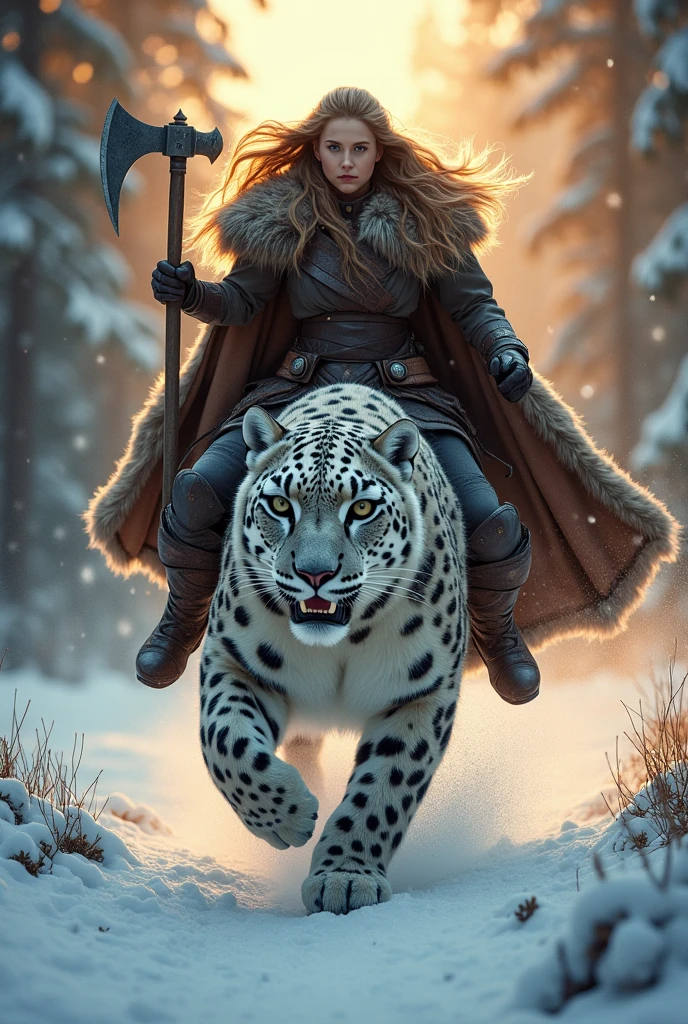 photorealistic of a female Viking warrior with long hair wearing a brown bear fur cloak riding a gian snow leopard, detailed face, beautiful woman, holding axe with one hand, charging forward, cowboy shot, snow storm, secluded background, snow forest background, dramatic lighting, high contrast, sunset lighting