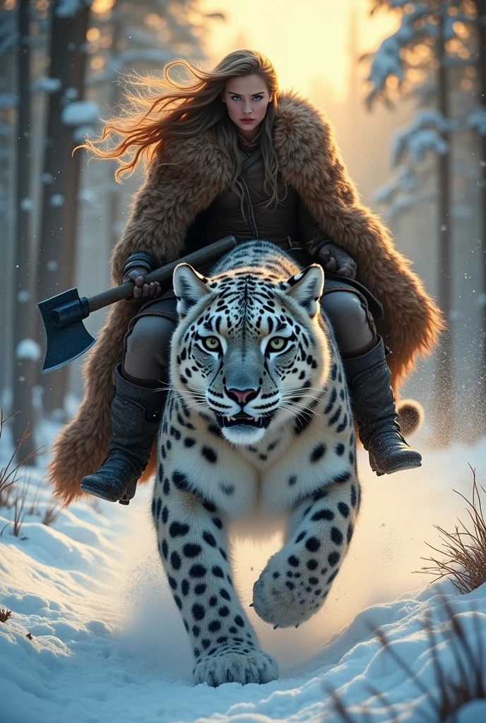 photorealistic of a female Viking warrior with long hair wearing a brown bear fur cloak riding a gian snow leopard, detailed face, beautiful woman, holding axe with one hand, charging forward, cowboy shot, snow storm, secluded background, snow forest background, dramatic lighting, high contrast, sunset lighting