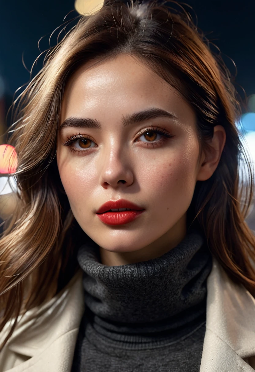 1 woman, inside a city at night, wearing a turtleneck and a white coat (female brown eyes), detailed fair skin, long messy brown hair, she has slightly rounded circles under her eyes, she has a mole under one eye, she has a mole under one eye, smoking a cigarette, dramatic lighting, cinematic composition, dark palette, dark colors, atmospheric haze, thin chin, sarcastic and smiling face, serious face, beautiful woman, adult woman, ultra realistic, adult woman (best quality, 4K, 8K, high resolution, art: 1.2), ultra detailed (realistic, photorealistic, photorealistic: 1.37)(((a woman with long messy brown hair, 1.7)))(((very beautiful))), perfect face, dark and cool palette, 8K, bright red lips, extremely detailed (high quality, realistic, photorealistic: 1.37), ideal proportions and detailed skin and meticulously defined features crafted, unapproachable beauty, perfection, art, vivid realism, hyper-detailed sculpture, realistic forms, truly inspiring, impeccable craftsmanship, serious facial expression, pure brilliance, ethereal beauty, delicate contours, striking poses, sublime beauty, subtle nuances, dynamic compositions, vibrant colors, perfect lighting, moving expressions, celestial aura, majestic presence, dreamlike atmosphere, unmatched high level of detail, high-octane rendering on artstation, 8k art photography, photorealistic concept art, volumetric cinematic soft natural light, chiaroscuro, f
