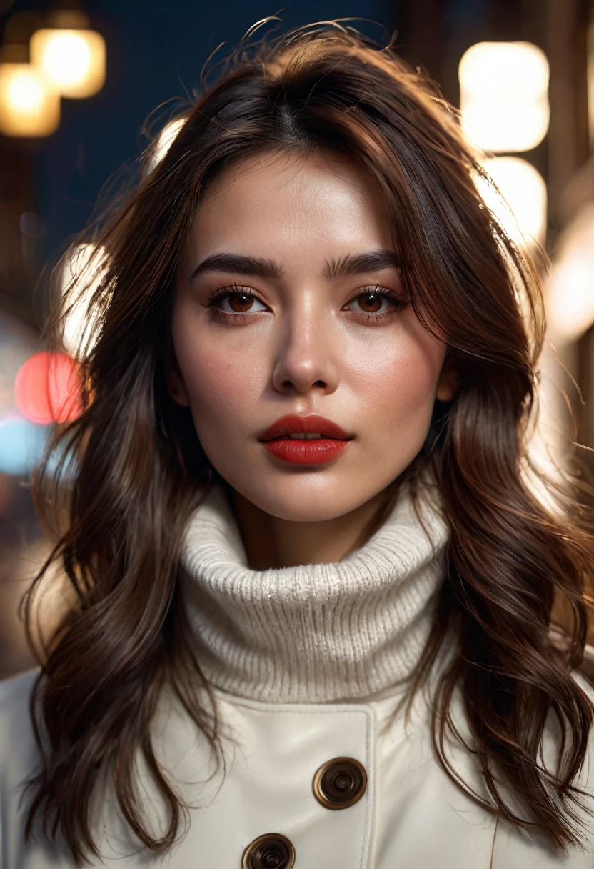 1 woman, inside a city at night, wearing a turtleneck and a white coat (female brown eyes), detailed fair skin, long messy brown hair, she has slightly rounded circles under her eyes, she has a mole under one eye, she has a mole under one eye, smoking a cigarette, dramatic lighting, cinematic composition, dark palette, dark colors, atmospheric haze, thin chin, sarcastic and smiling face, serious face, beautiful woman, adult woman, ultra realistic, adult woman (best quality, 4K, 8K, high resolution, art: 1.2), ultra detailed (realistic, photorealistic, photorealistic: 1.37)(((a woman with long messy brown hair, 1.7)))(((very beautiful))), perfect face, dark and cool palette, 8K, bright red lips, extremely detailed (high quality, realistic, photorealistic: 1.37), ideal proportions and detailed skin and meticulously defined features crafted, unapproachable beauty, perfection, art, vivid realism, hyper-detailed sculpture, realistic forms, truly inspiring, impeccable craftsmanship, serious facial expression, pure brilliance, ethereal beauty, delicate contours, striking poses, sublime beauty, subtle nuances, dynamic compositions, vibrant colors, perfect lighting, moving expressions, celestial aura, majestic presence, dreamlike atmosphere, unmatched high level of detail, high-octane rendering on artstation, 8k art photography, photorealistic concept art, volumetric cinematic soft natural light, chiaroscuro, f