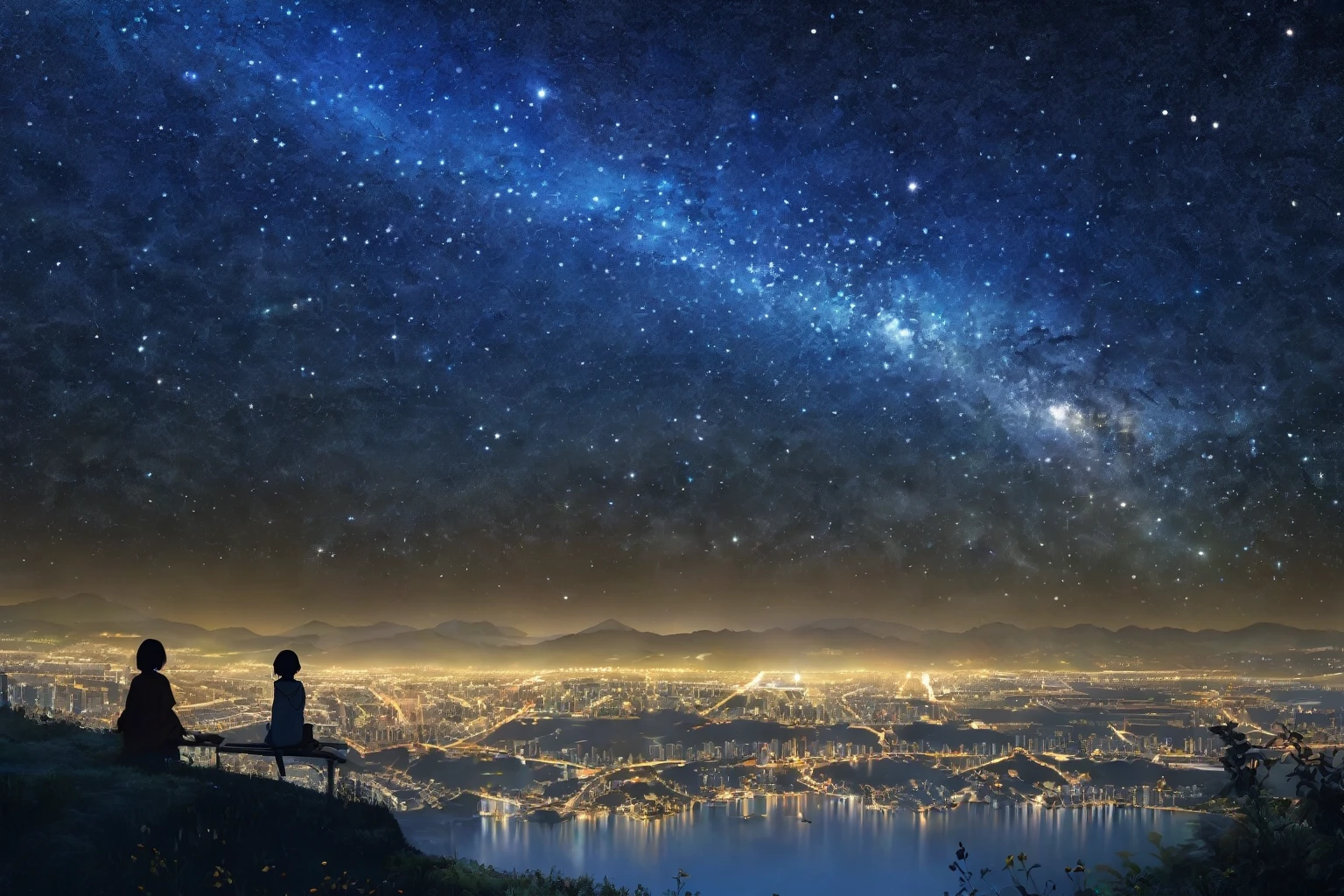 (8k、RAW Photos、highest quality、look up:1.2、masterpiece:1.2、Genuineistic、Ultra-high resolution、High Contrast、Photon Mapping、Genuine、Very detailed、Official Art, RAW Photos、professional Lighting、 Light、Vivid atmosphere、twiceLight) title: 「Starry sky sounds」 explanation: These 8k RAW Photos are、Highest quality and very detailed background、私t depicts a girl looking up at the night sky.。 The landscape spreads in the background、Beautiful stars in the night sky々And the nebula is shining。The sun goes down、At the foot of the mountains the sea spreads、Regional cities without skyscrapers are expanding.。、私t depicts a girl lost in thought while looking at the stars.。The city seen from where you sit、The Lights of each house shine beautifully、The Light on the ground and the glow of the night sky create a beautiful contrast.。 This anime scene、A beautiful depiction of the girl's night view.、私t expresses the moment when she finds the star of hope while looking at the stars.。