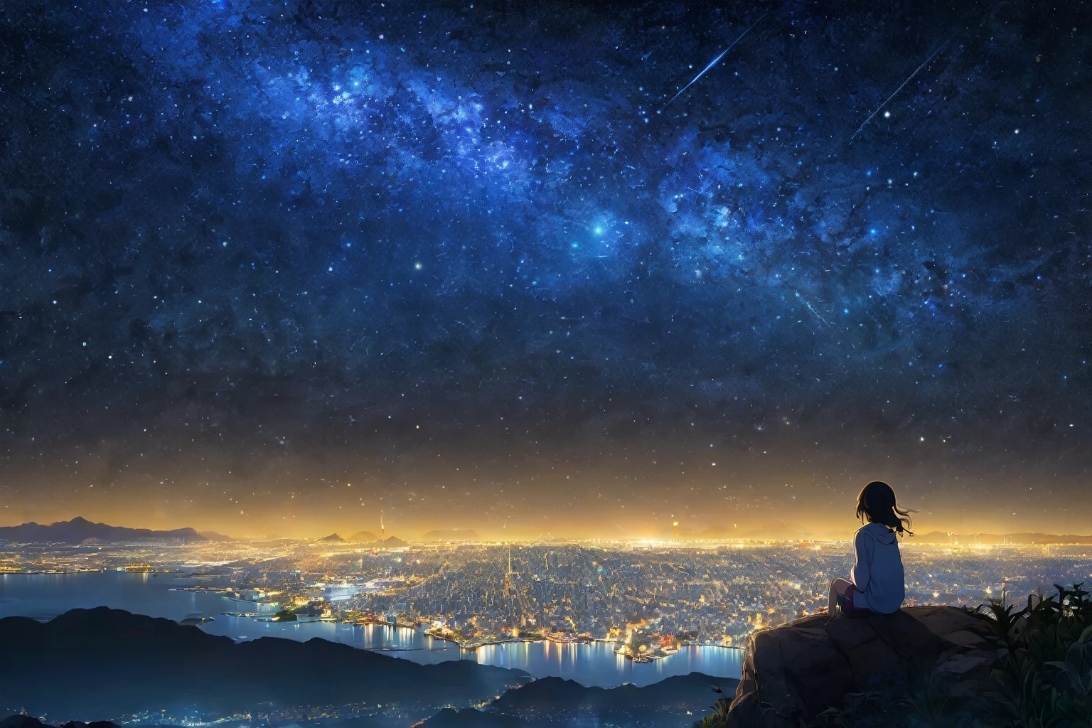 (8k、RAW Photos、highest quality、look up:1.2、masterpiece:1.2、Genuineistic、Ultra-high resolution、High Contrast、Photon Mapping、Genuine、Very detailed、Official Art, RAW Photos、professional Lighting、 Light、Vivid atmosphere、twiceLight) title: 「Starry sky sounds」 explanation: These 8k RAW Photos are、Highest quality and very detailed background、私t depicts a girl looking up at the night sky.。 The landscape spreads in the background、Beautiful stars in the night sky々And the nebula is shining。The sun goes down、At the foot of the mountains the sea spreads、Regional cities without skyscrapers are expanding.。、私t depicts a girl lost in thought while looking at the stars.。The city seen from where you sit、The Lights of each house shine beautifully、The Light on the ground and the glow of the night sky create a beautiful contrast.。 This anime scene、A beautiful depiction of the girl's night view.、私t expresses the moment when she finds the star of hope while looking at the stars.。