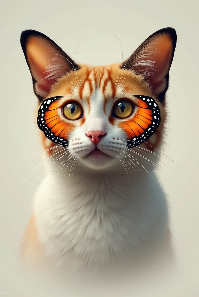 Add a large butterfly outline, with its wings slightly spread, positioned symmetrically on the cat's face.