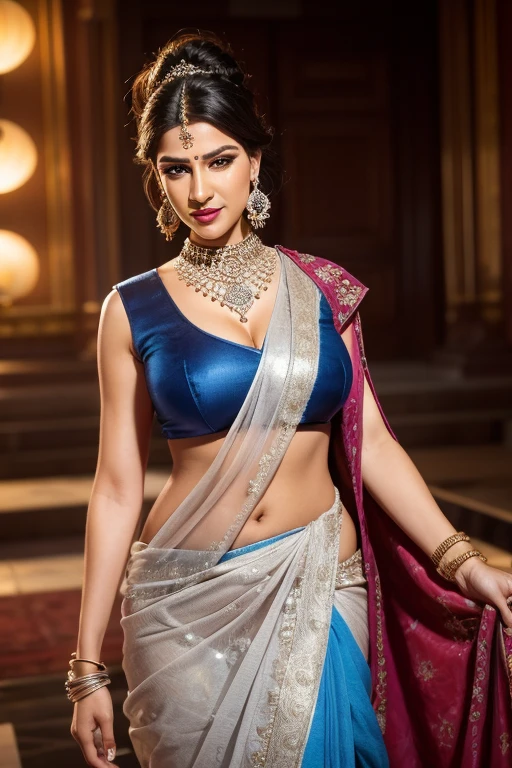 , inspired by Emma Andijewska, draped in crystals, silver color, long earrings, sandra chevier, huge earrings, blue-eyed, platinum jewellery, earring, flawless structure, silver earring, , a woman, Kriti Sanon, outdoors, realistic skin texture, smiling, post-processing, Maximum texture, masterpiece, ultra-detailed, photorealistic, realistic, real picture, hyperrealism, Sharp focus, insane details, intricate details, full sharp, detailed face, realistic eyes,simple white stucco background ,big hoop earrings, makeup,white skin,sharp jawline ,big earrings, oversized earrings,big breasts,full body view , necklace, eyeliner, eyeshadow, foundation, jewelry,bangles, anklet,silky black blunt hair ,face makeup, eyeliner,red lipstick ,saree ,big breasts ,full body view