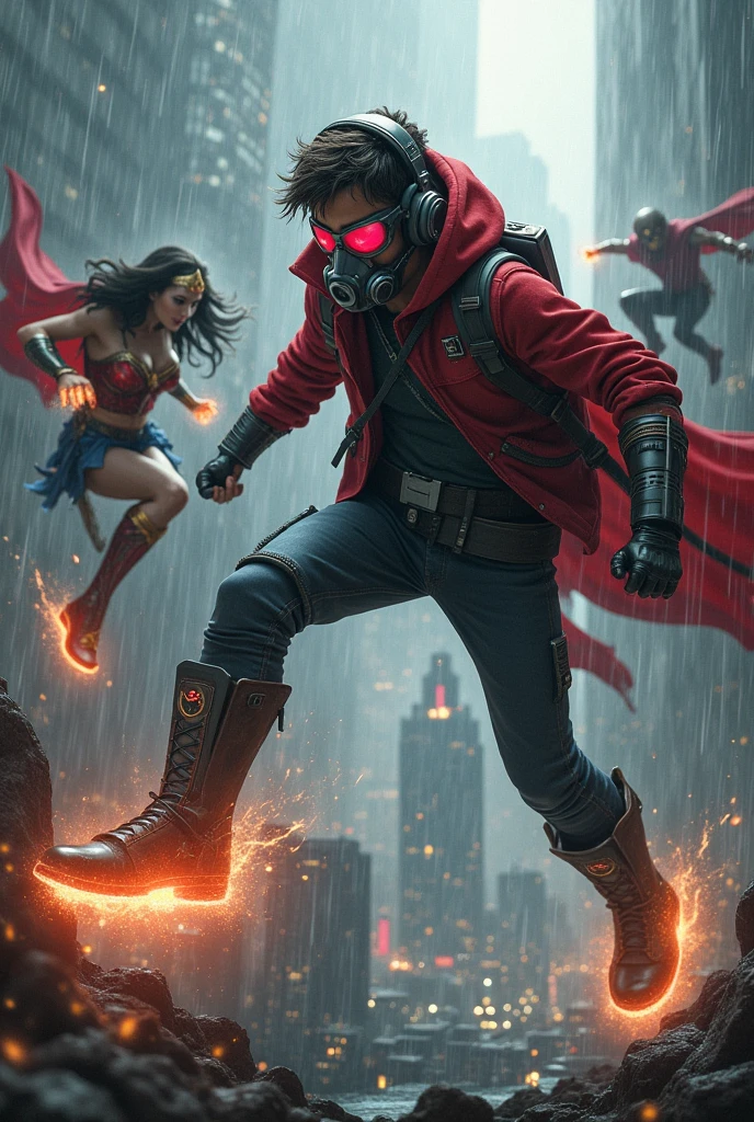 Young Star-lord with red hoodie, headphones, star-lord helmet, gas helmet, covered mouth, round red eyes, Red eyes, magic rings in the hands and rocket boots, Vs. Doctor strange Zombie, Vs. Wonder Woman, Fighting, power, fiction, full body, 3 person, magic lasso, hight, fall, fire in boots, poweful spells, realistic, helmet, mask, red cape, confrontation, punch, gun, flying in the sky, view of the city from above, rain, fighting over the spell book, Black gloves, ocean floor, face cover