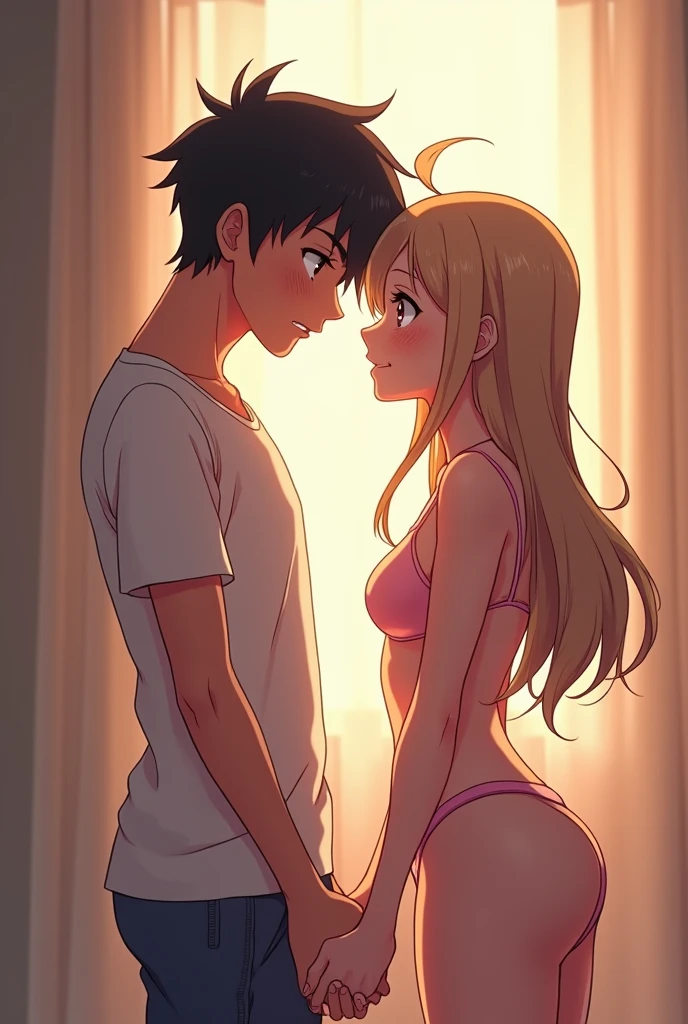Anime girl standing in front of anime guy guy both without underwear and a little embarrassed without clothes