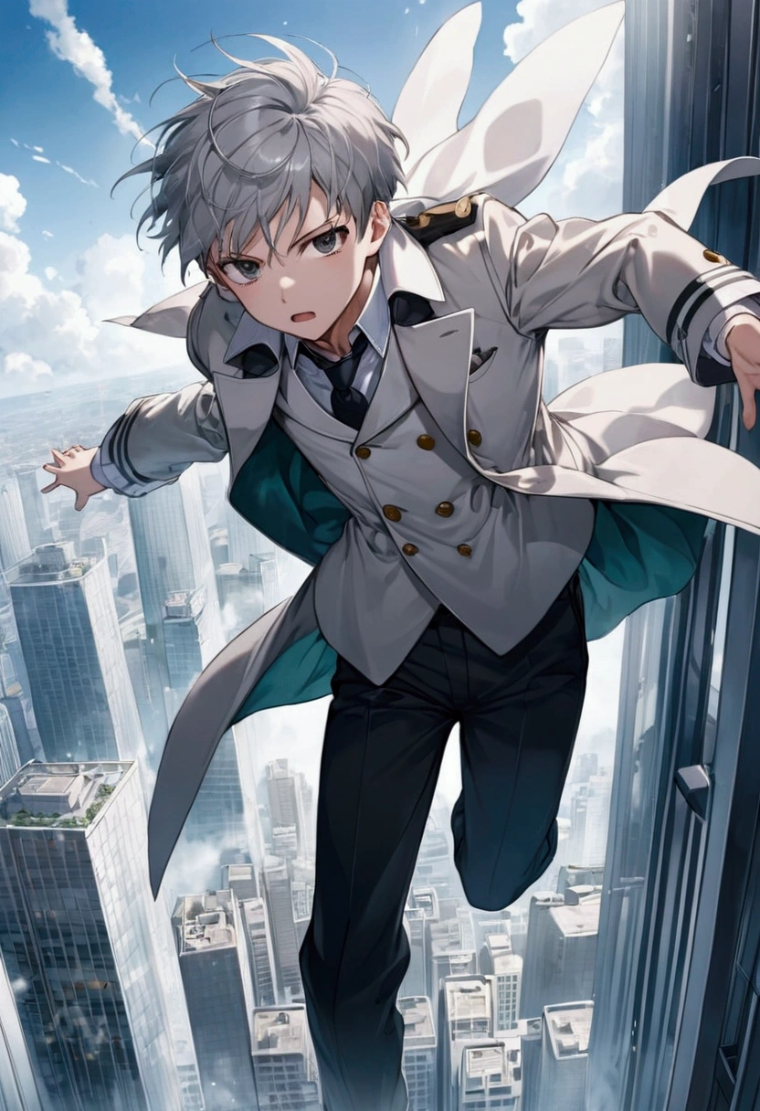 An anime action scene featuring a anime teenager with a serious expression, wearing a silver-colored, double-breasted coat with large cuffs. He is free-falling through the air after leaping from the top floor of a skyscraper. The coat flutters dramatically as he descends, with the cityscape far below and the sky above in a dynamic, intense atmosphere.