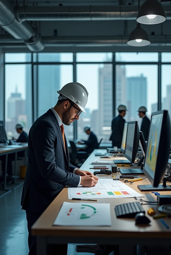* context: A high-tech civil engineering office filled with computers and several people in hard hats.
* supper: A man in a suit and helmet stands at a workbench, with tools scattered around. They are focused on solving a mathematical problem while in the background you can see large dark glass windows and lots of sunlight.
* Dialogue/heading: "Another day, another innovation..."