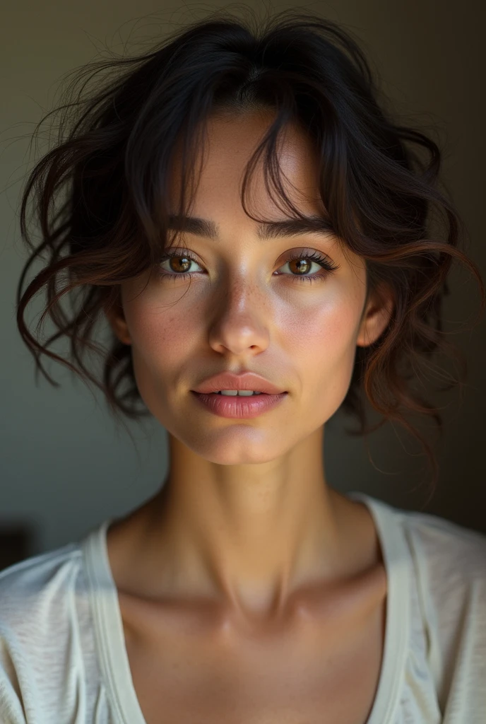 A girl with short curly hair, eyebrow not done, weighing 59 kilos, medium fair skin, roman nose and big lips
