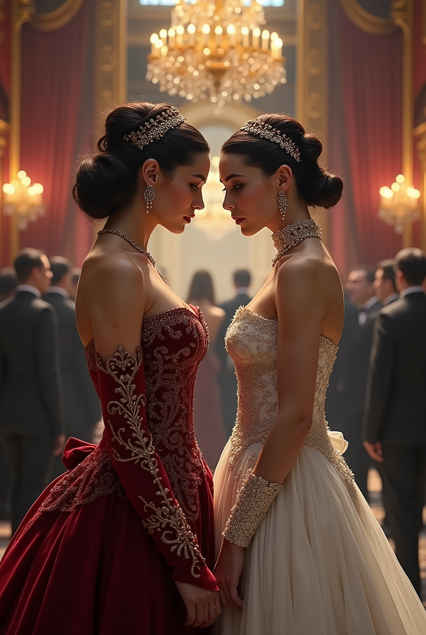 A highly realistic and dark fantasy-inspired visual depiction of a tense stand-off between Lady Vivienne d’Aurelis and Lady Ophelia d’Aurelis at the empire's annual charity event. Lady Vivienne is dressed in a luxurious, deep crimson velvet gown, with intricate gold filigree and a regal high collar that exudes power and sophistication. Her dark hair is styled in a dramatic, elaborate updo, adorned with rubies and gold accents that catch the dim, ambient lighting. Her expression is poised, with a hint of defiance as she faces her rival.

Lady Ophelia contrasts sharply, wearing an exquisite white pearl-themed gown that is both ethereal and imposing. The gown features a corseted bodice with silver and pearl embellishments, cascading into a flowing skirt that shimmers like liquid moonlight. Her hair is slicked back into a sleek, modern twist, adorned with a delicate pearl crown, and her eyes gleam with cold calculation. 

The background captures the opulence of the charity event, set in a grand ballroom with dark, gothic architecture, flickering chandeliers, and luxurious velvet drapes. The guests, dressed in dark, elegant attire, are seen mingling in the distance, unaware of the silent but palpable tension between Vivienne and Ophelia. The atmosphere is heavy with rivalry, as the two women stand just feet apart, their contrasting styles and fierce expressions highlighting the depth of their power struggle. The art style is a blend of realism and dark fantasy, with intricate details in the clothing, expressions, and environment, emphasizing the elegance, tension, and underlying menace of the moment.