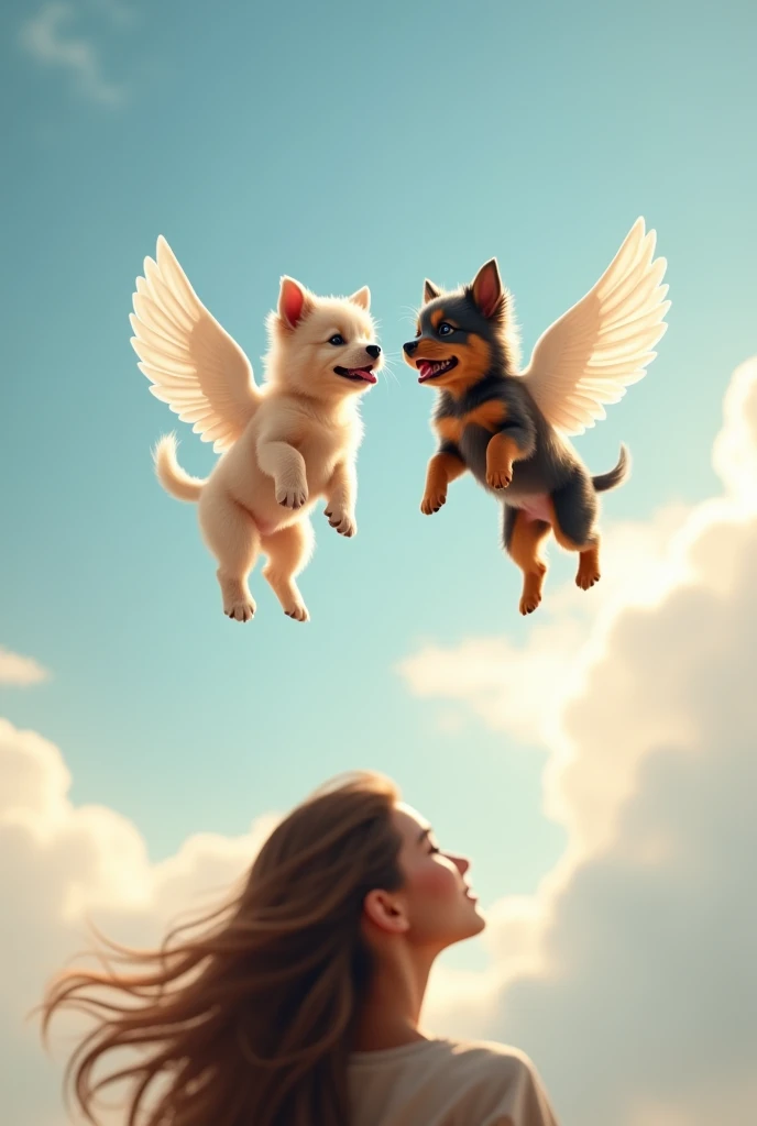 My two Yorkshire puppies together in the sky, reuniting with wings and me looking at them together. Me, long brown hair and a woman, a Yorkshire terrier with lighter fur and another with dark fur and a tongue sticking out., adults