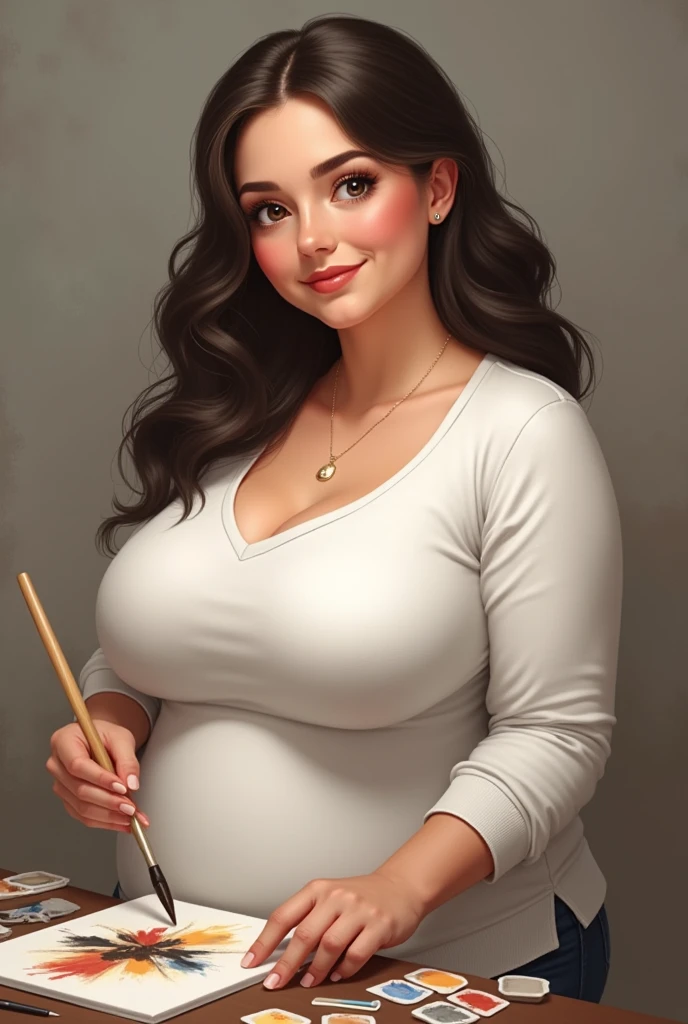 woman face more or less fat, Dark brown hair slightly wavy, with honey-colored brown eyes, without big belly, body more or less plump, bust more or less large, buttocks large, with a white long-sleeved shirt and is painting