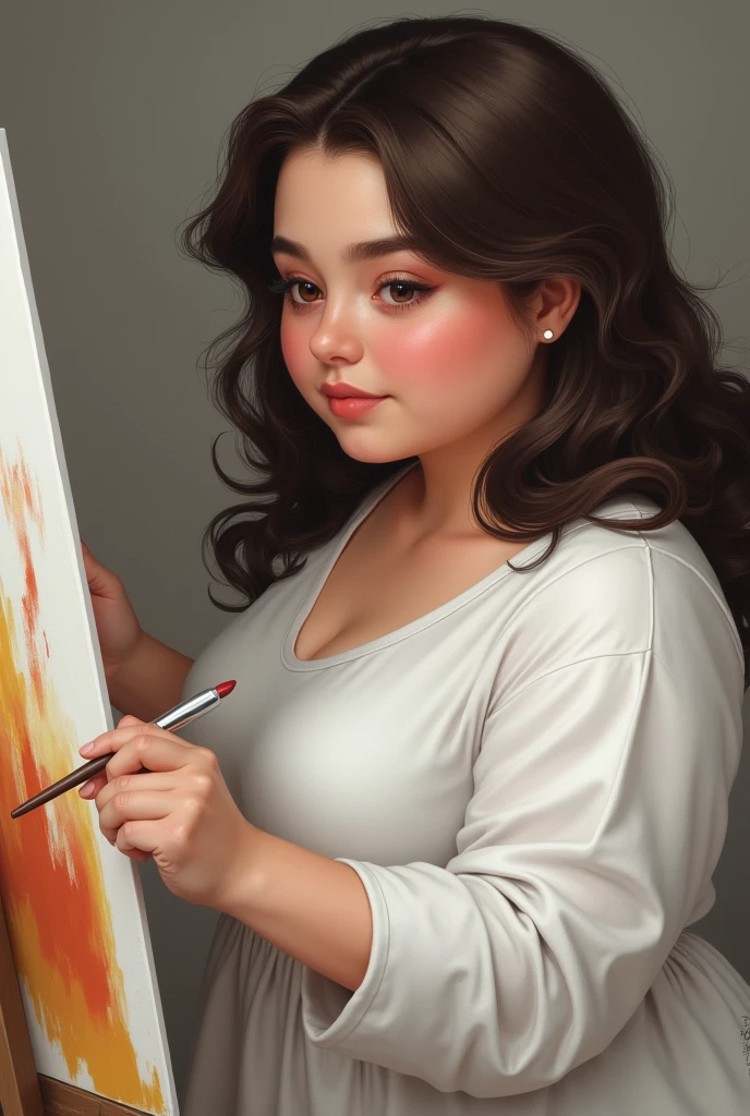 woman face more or less fat, Dark brown hair slightly wavy, with honey-colored brown eyes, without big belly, body more or less plump, bust more or less large, buttocks large, with a white long-sleeved shirt and is painting
