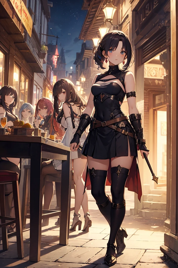 A group of  female medieval fantasy adventurers, (in tavern), various hair styles, harem, night, details face, short skirt, seducing, sleeveless, armor 